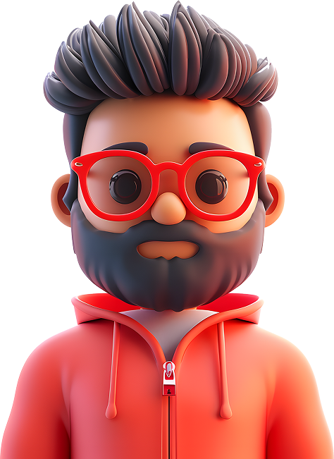 3D cartoon avatar of Paul Kebokwu wearing glasses and a red hoodie