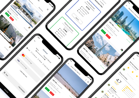 Collage of AlphaX screens: property listings, business plan pricing tiers, checkout and payment method, and investment rating