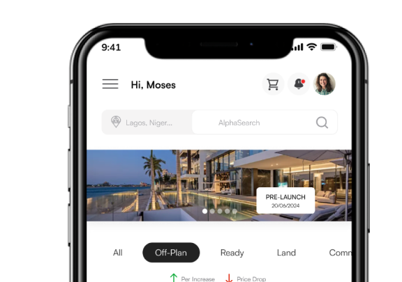 AlphaX home screen with a search bar and a pre-launch off-plan property listing