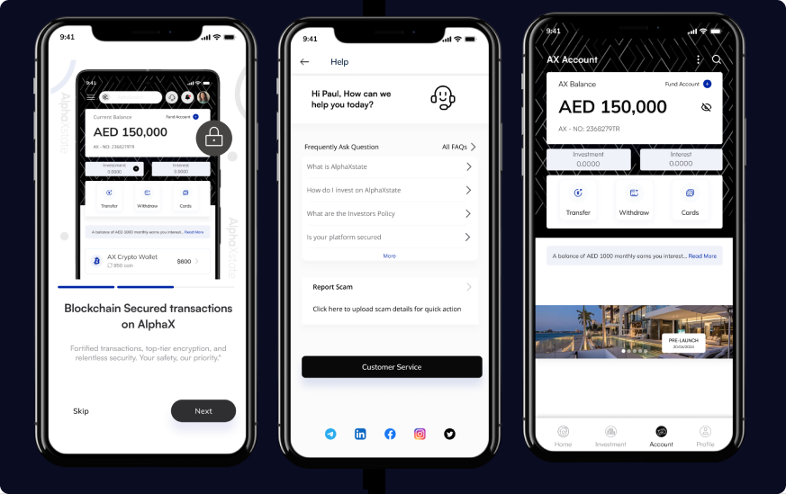 AlphaX app screens showing blockchain-secured onboarding, a customer support FAQ, and an account balance dashboard