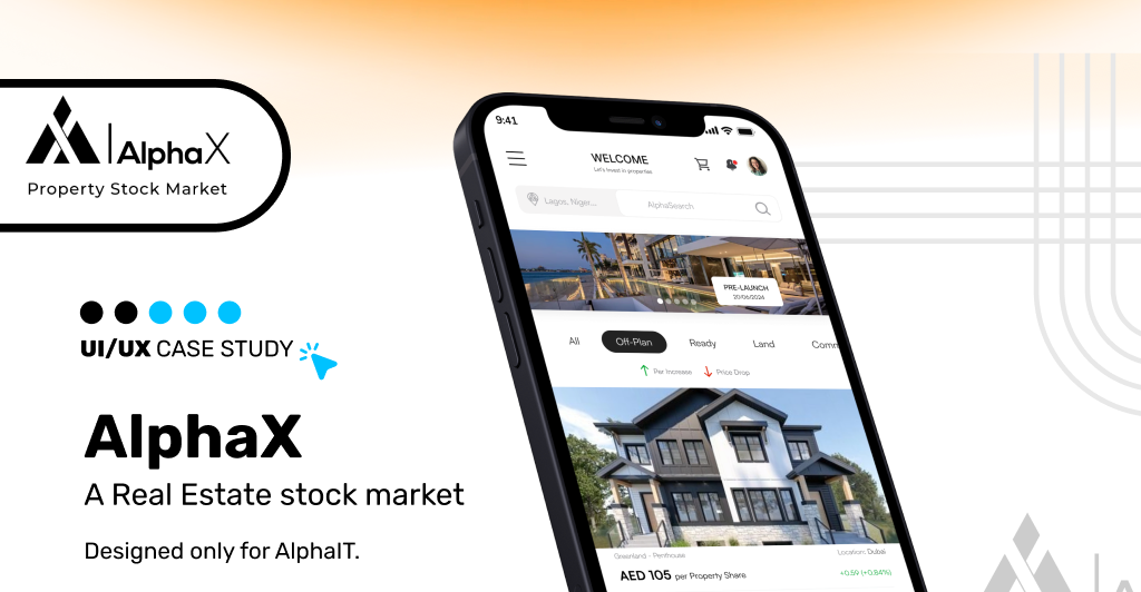 AlphaX Property Stock Market logo and a phone mockup showing property listings with pre-launch pricing per share