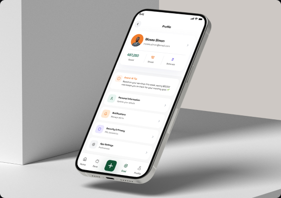 Avenir profile screen showing saved amount, streak, and account settings