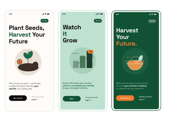 Avenir onboarding screens: Plant Seeds Harvest Your Future, Watch It Grow, and Harvest Your Future