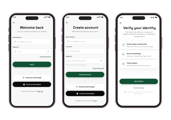 Avenir login, create account, and identity verification screens