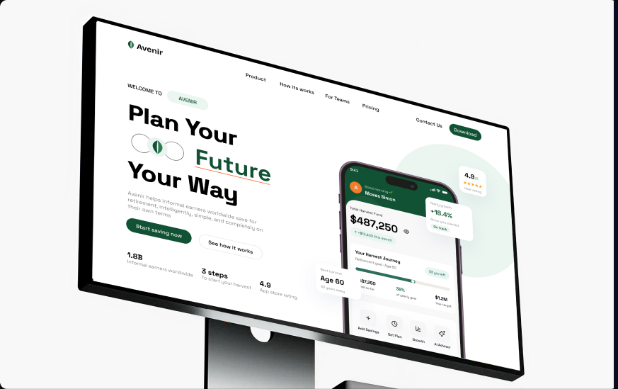 Avenir marketing site homepage with the headline Plan Your Future Your Way, next to the app's retirement dashboard