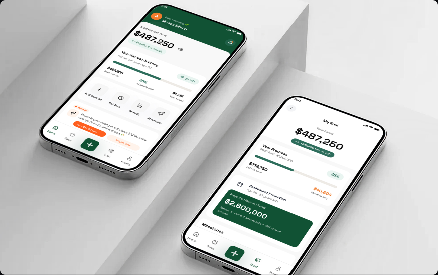 Avenir app home screen showing total harvest fund and a goal screen with retirement projection