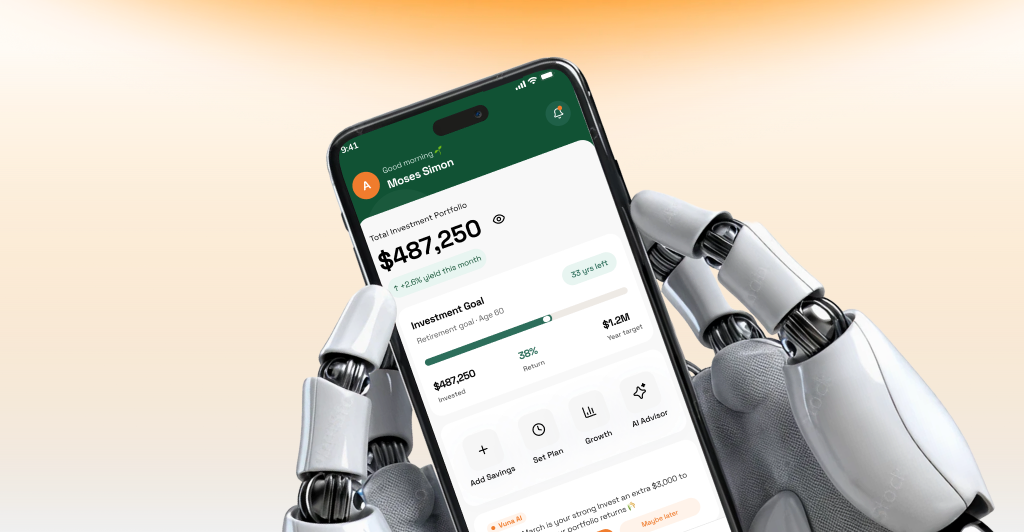 A robot hand holding a phone showing the Avenir retirement app, with a $487,250 investment portfolio and retirement goal tracker