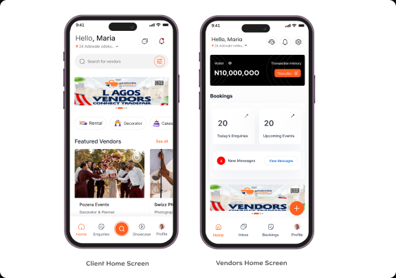 Eventra Africa client home screen and vendor home screen mockups