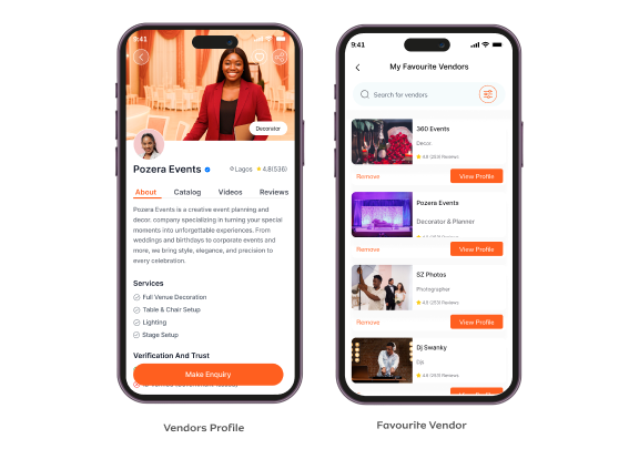 Eventra Africa vendor profile screen and favourite vendors screen mockups
