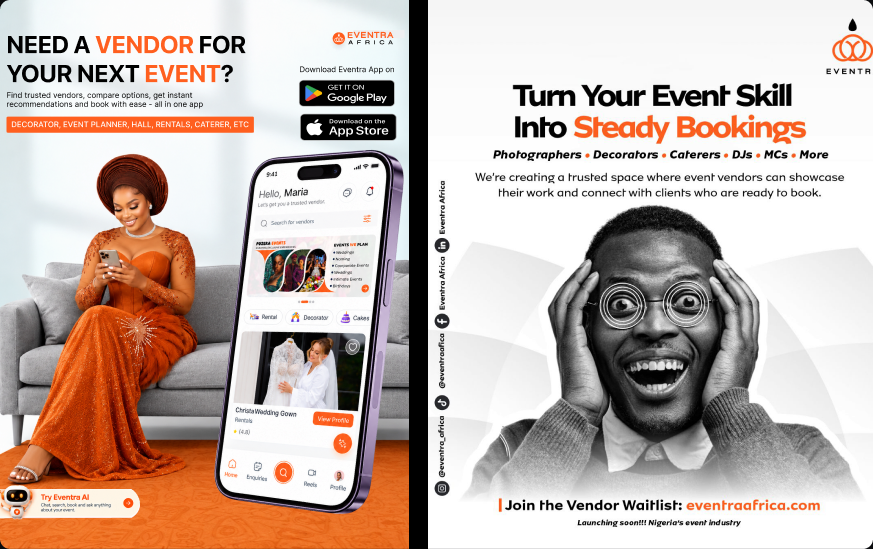 Eventra Africa promotional graphic and app home screen showing vendor discovery
