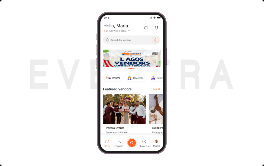 Eventra Africa app home screen with featured vendors