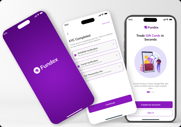 Fundex onboarding screens showing KYC completion and a gift card trading feature