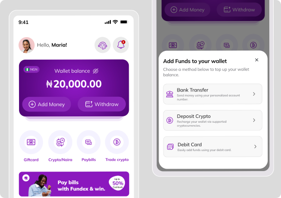 Fundex wallet screen and add funds modal with bank transfer, crypto, and debit card options