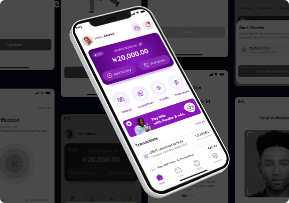 Fundex low-fidelity wireframes showing the wallet, bank transfer, and facial verification screens
