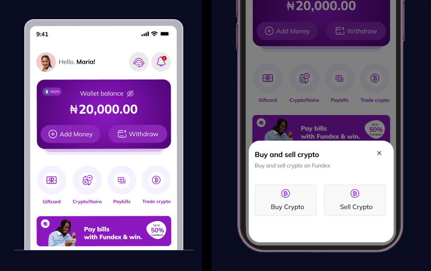 Fundex app screens showing wallet balance, quick actions, and the buy or sell crypto modal
