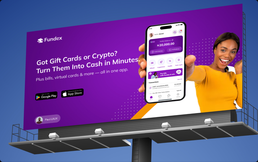 Fundex billboard advertisement showing the app on a phone with a marketing tagline