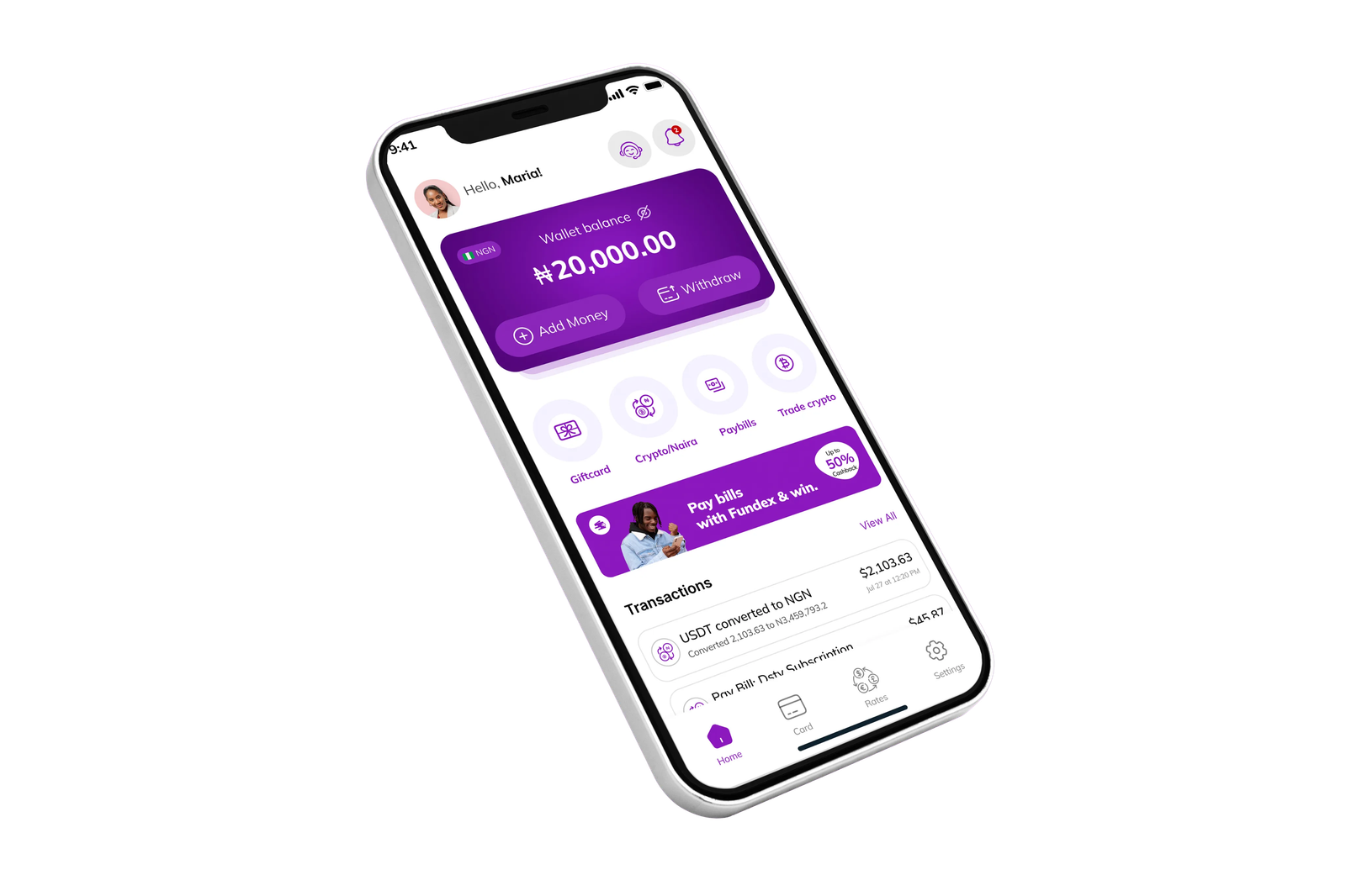 Fundex wallet app screen showing balance, quick actions, and transaction history