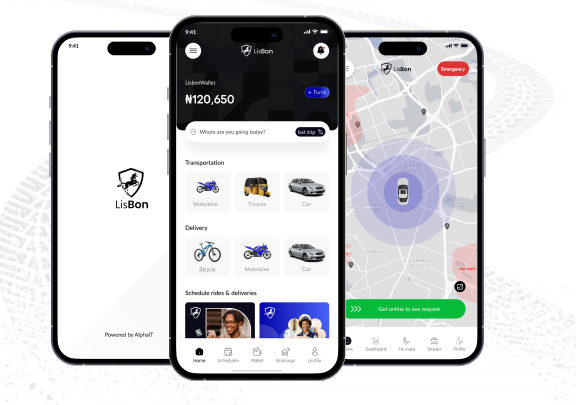 Three LisBon app screens showing the splash screen, passenger home screen, and live driver map