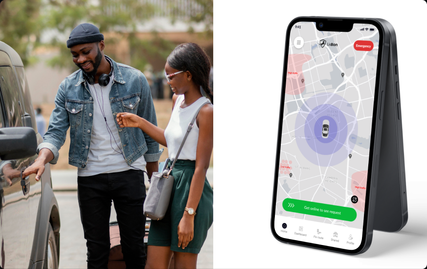 A LisBon driver opening a car door for a passenger, next to a phone mockup of the driver app's live map screen