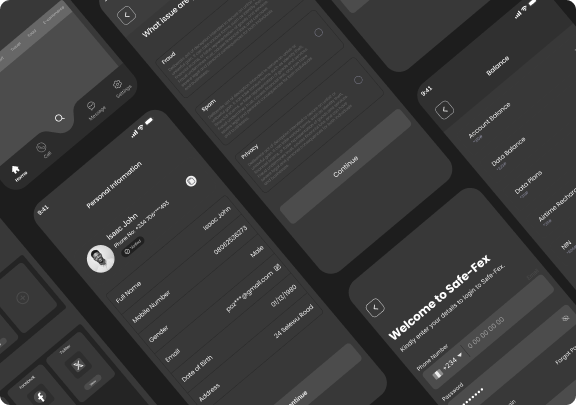 Dark wireframe collage of Safex login, personal information, issue reporting, and account balance screens