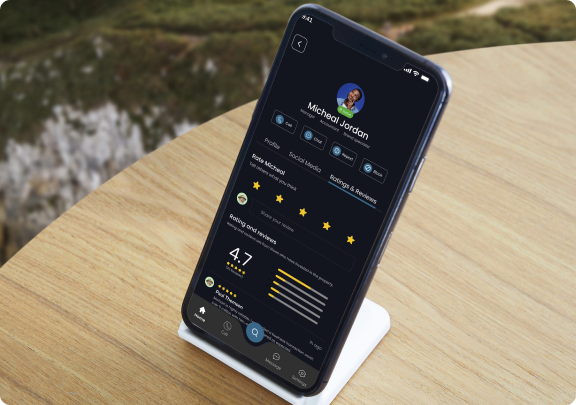 Safex profile screen for Micheal Jordan with a 4.7 rating and reviews