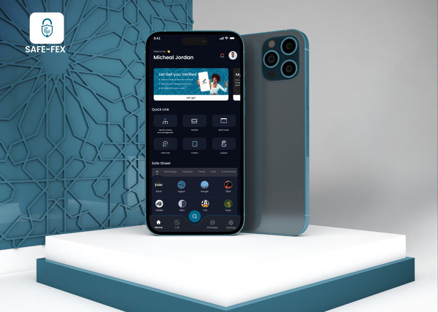Safe-Fex branded phone mockup showing the app home screen with identity verification, quick links, and Safe Street marketplace