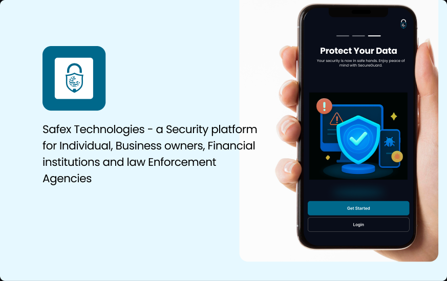 Safex Technologies logo beside a Protect Your Data onboarding screen with a security shield illustration