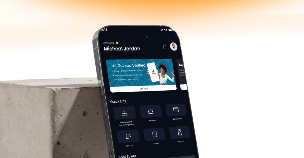 Safex app home screen for Micheal Jordan showing an identity verification prompt and quick links for identity linking, portfolio, bank codes, safe chat, contact, and support