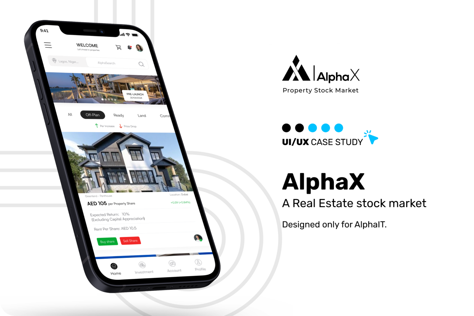 AlphaX real estate marketplace app mockup