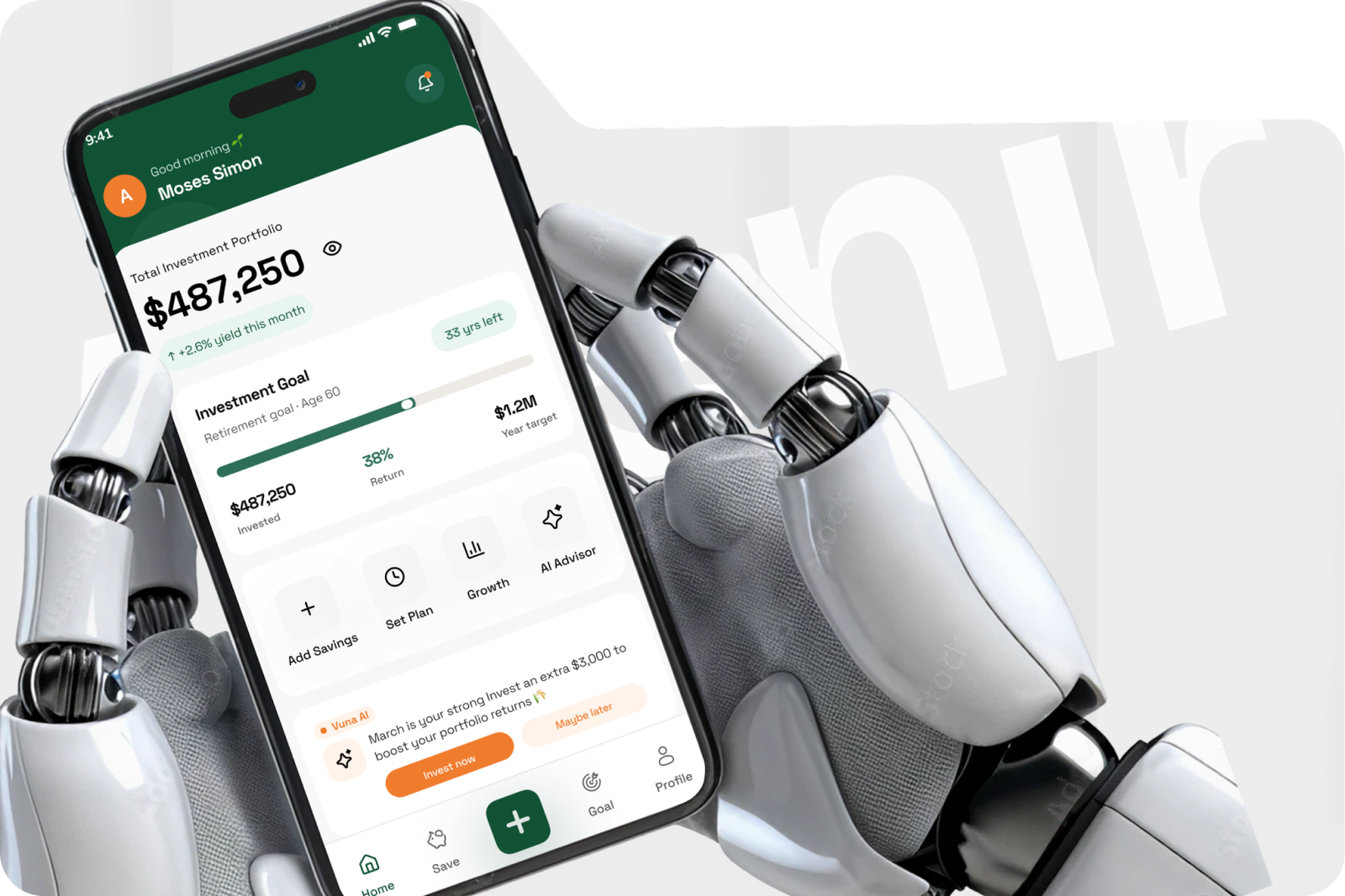 Avenir AI investment app mockup shown on a phone