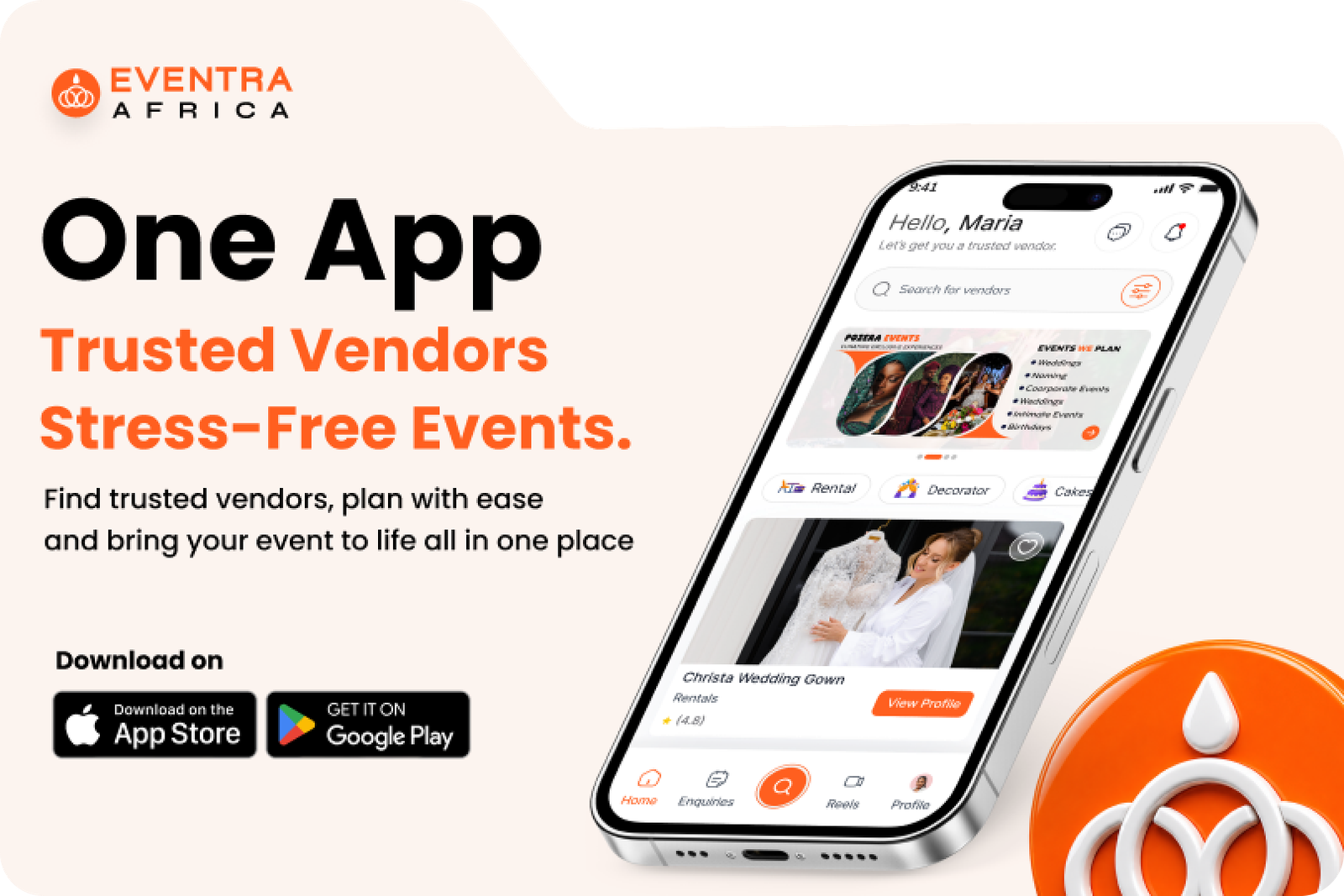 Eventra Africa marketplace app mockup showing vendor discovery and booking screens