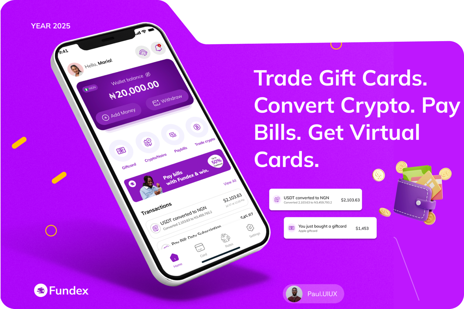 Fundex fintech app mockup showing gift card trading and crypto conversion screens